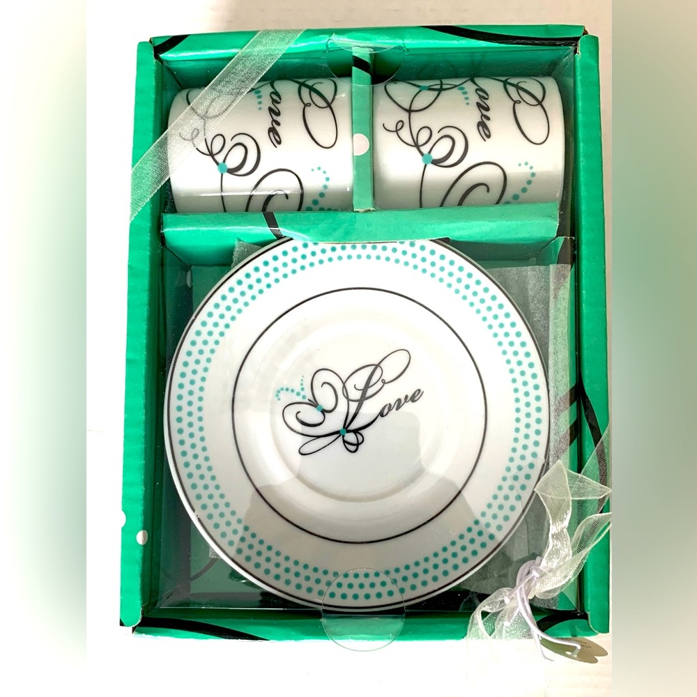 Porcelaine espresso Turkish coffee cups & saucers set silver Love letters print